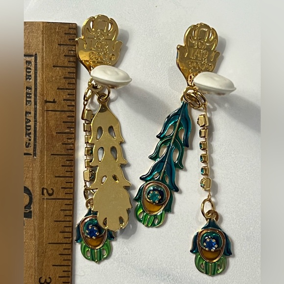 Lunch At The Ritz LATR 2Go Peacock feathers clip earrings EUC - Picture 4 of 7
